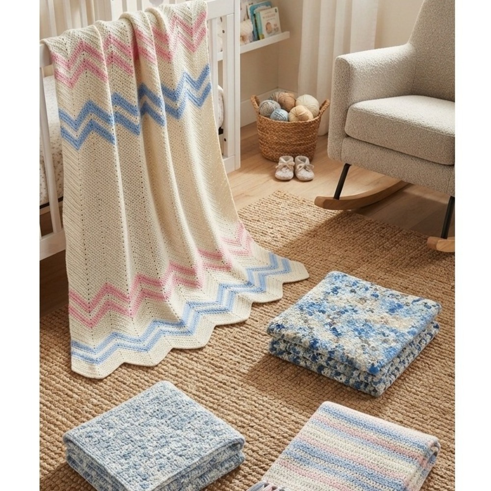 Handmade‎ Crochet Baby Blanket Set Chevron Pink Blue White